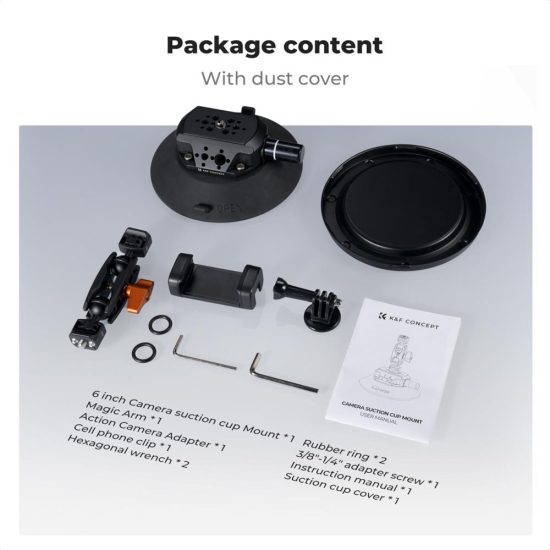 K&F Concept 6-Inch Suction Cup Camera Mount with Magic Arm ARRI & 1/4-Inch 3/8-Inch Threads for Car & Action Camera
