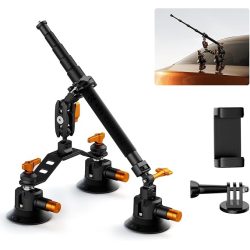 K&F Concept Triple Suction Cup Car Mount Kit with Extension Pole & Phone Holder for Action Camera