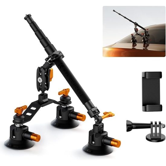 K&F Concept Triple Suction Cup Car Mount Kit with Extension Pole & Phone Holder for Action Camera
