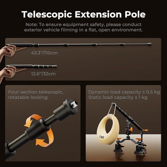 K&F Concept Triple Suction Cup Car Mount Kit with Extension Pole & Phone Holder for Action Camera