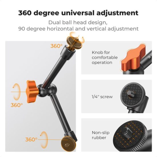 K&F Concept 9.8-Inch Magic Arm with 1/4-Inch Screw & 360° Ball Heads for Camera Monitor & Lighting Setup