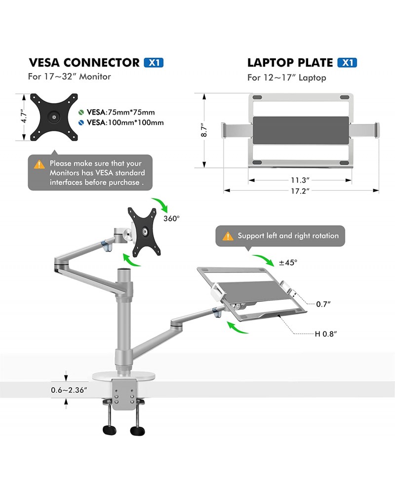 Aluminum Height Adjustable Desktop Dual Arm 17-32 inch Monitor Holder+12-17 inch Laptop Holder Stand OL-3L Full Motion Mount Arm Aluminum Height Adjustable Desktop Dual Arm 17-32 inch Monitor Holder+12-17 inch Laptop Holder Stand OL-3L Full Motion Mount Arm