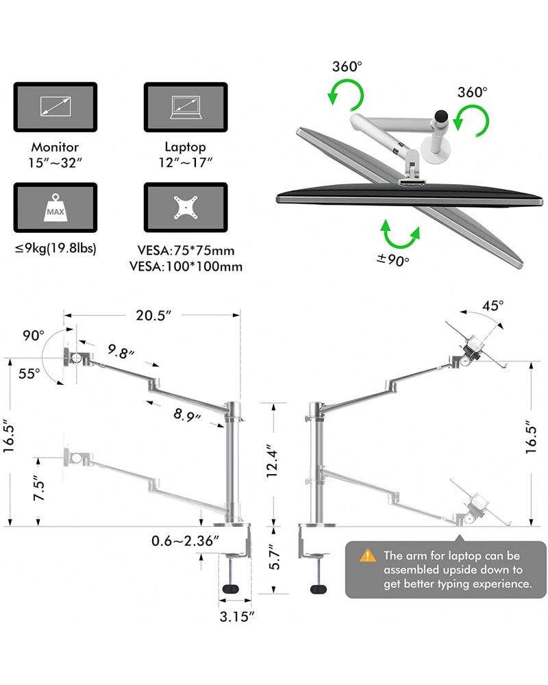 Aluminum Height Adjustable Desktop Dual Arm 17-32 inch Monitor Holder+12-17 inch Laptop Holder Stand OL-3L Full Motion Mount Arm Aluminum Height Adjustable Desktop Dual Arm 17-32 inch Monitor Holder+12-17 inch Laptop Holder Stand OL-3L Full Motion Mount Arm