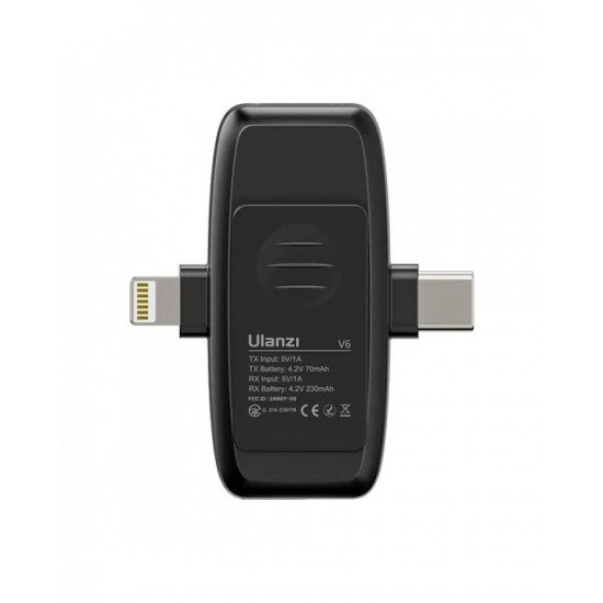 Ulanzi V6 3-in-1 Plug-Play Wireless Lavalier Microphone for iPhone/Android/Tablet/Camera Ulanzi V6 3-in-1 Plug-Play Wireless Lavalier Microphone for iPhone/Android/Tablet/Camera