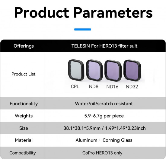 TELESIN ND8 ND16 ND32 CPL Lens Filters Set for GoPro Hero 13 TELESIN ND8 ND16 ND32 CPL Lens Filters Set for GoPro Hero 13