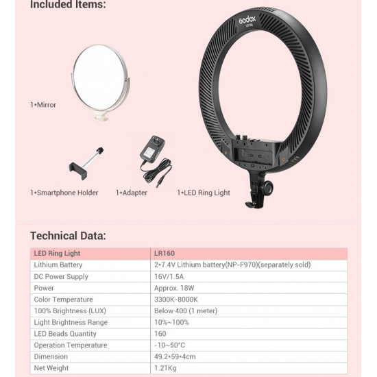 Godox LR160 Black Led Ring Light with Make Up Mirror Bi-color 3300-8000K 18W Video Selfie Makeup Fill Lighting Live Shooting Godox LR160 Black Led Ring Light with Make Up Mirror Bi-color 3300-8000K 18W Video Selfie Makeup Fill Lighting Live Shooting