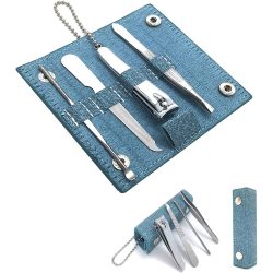 Secret Manicure 4-in-1 Complete Nail Care Kit – Premium Travel-Size Grooming Set in Elegant Denim Case (Clipper, Tweezers, File, Cuticle Trimmer)