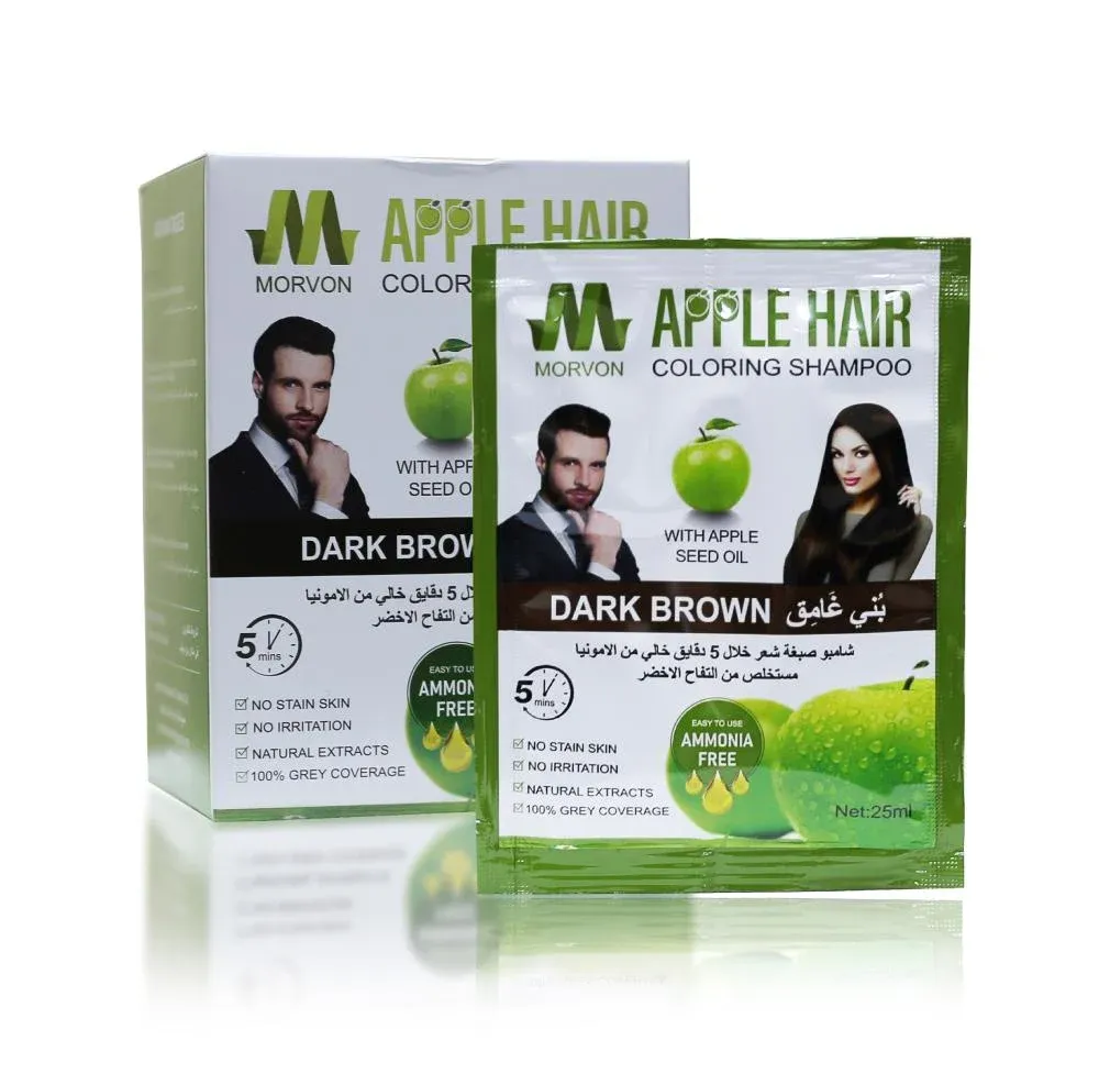شامبو صبغة شعر بني غامق (أظرف) بزيت بذور التفاح من مورفون Morvon – كرتون أظرف × 25 مل