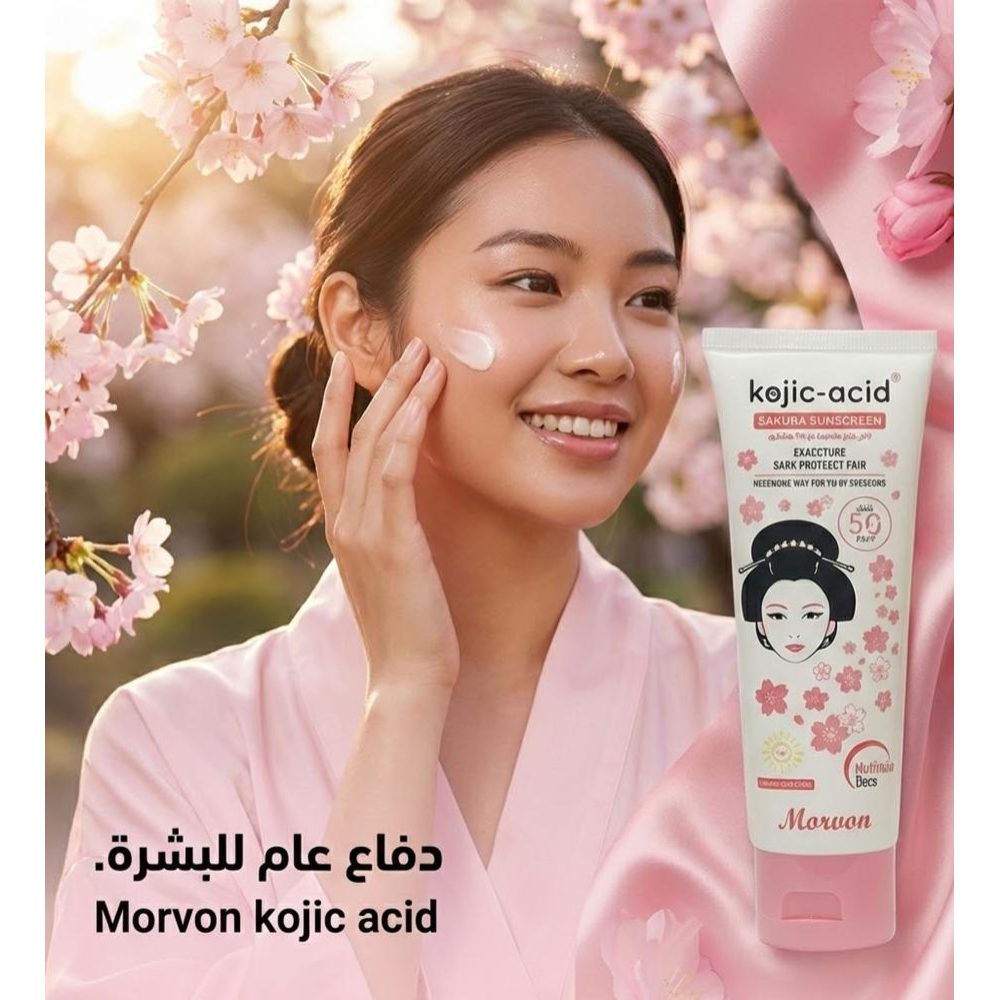 واقي شمس كوجيك حمض بزهرة الساكورا من مورفون MORVON لحماية فائقة وتفتيح طبيعي للبشرة SPF 50 PA+++ – عبوة 80 جرام واقي شمس كوجيك حمض بزهرة الساكورا من مورفون MORVON لحماية فائقة وتفتيح طبيعي للبشرة SPF 50 PA+++ – عبوة 80 جرام