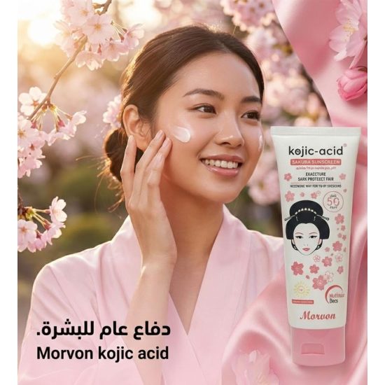 واقي شمس كوجيك حمض بزهرة الساكورا من مورفون MORVON لحماية فائقة وتفتيح طبيعي للبشرة SPF 50 PA+++ – عبوة 80 جرام واقي شمس كوجيك حمض بزهرة الساكورا من مورفون MORVON لحماية فائقة وتفتيح طبيعي للبشرة SPF 50 PA+++ – عبوة 80 جرام