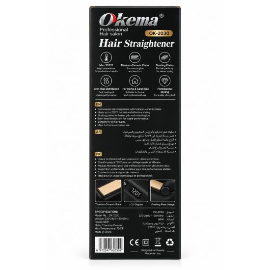 Okema OK-2030 Hair Straightener Titanium Ceramic 720°F Okema OK-2030 Hair Straightener Titanium Ceramic 720°F