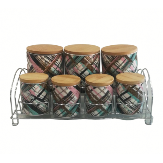 طقم علب بهارات سيراميك 7 قطع مع استاند ملون طقم علب بهارات سيراميك 7 قطع مع استاند ملون