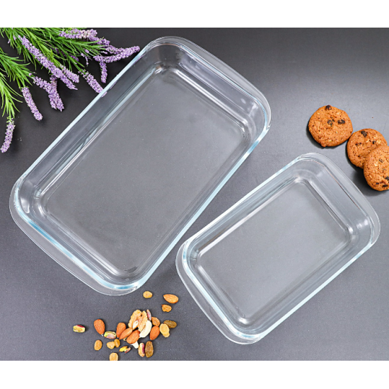 طقم صواني خبز زجاجية مستطيلة - شفافة - قطعتين طقم صواني خبز زجاجية مستطيلة - شفافة - قطعتين