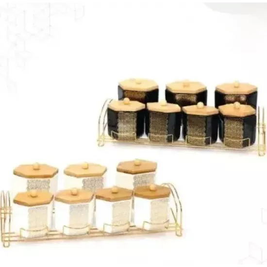 طقم علب بهارات سيراميك فاخر مذهب 7 قطع بستاند ذهبي