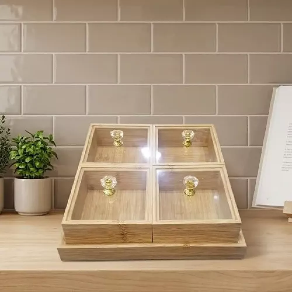 صحن مكسرات خشبي مقسم 4 خانات بمقابض أنيقة