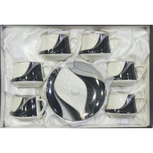 طقم اكواب ستة قطع مع صحونها الأنيقة باللون الابيض والاسود طقم اكواب ستة قطع مع صحونها الأنيقة باللون الابيض والاسود
