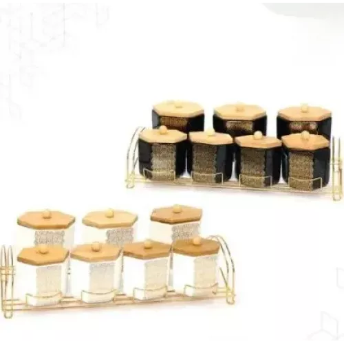 طقم علب بهارات سيراميك فاخر مذهب 7 قطع بستاند ذهبي طقم علب بهارات سيراميك فاخر مذهب 7 قطع بستاند ذهبي