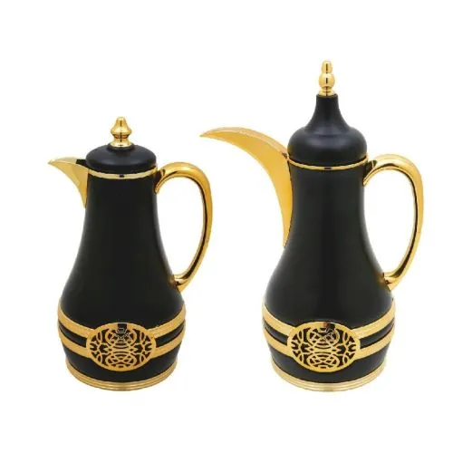 طقم ترامس فاخر باللون الأسود ومسكة ذهبية 1-1لتر طقم ترامس فاخر باللون الأسود ومسكة ذهبية 1-1لتر