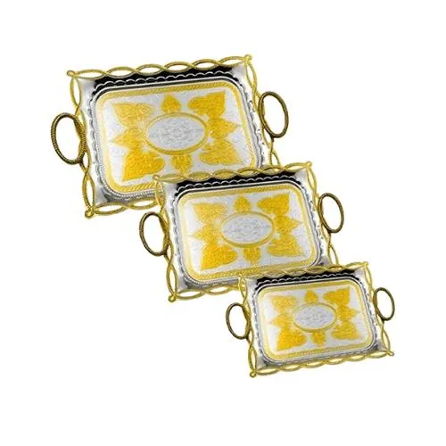 طقم تباسي مستطيلة باللون الذهبي والفضي بزخارف ٣ احجام مختلفة طقم تباسي مستطيلة باللون الذهبي والفضي بزخارف ٣ احجام مختلفة