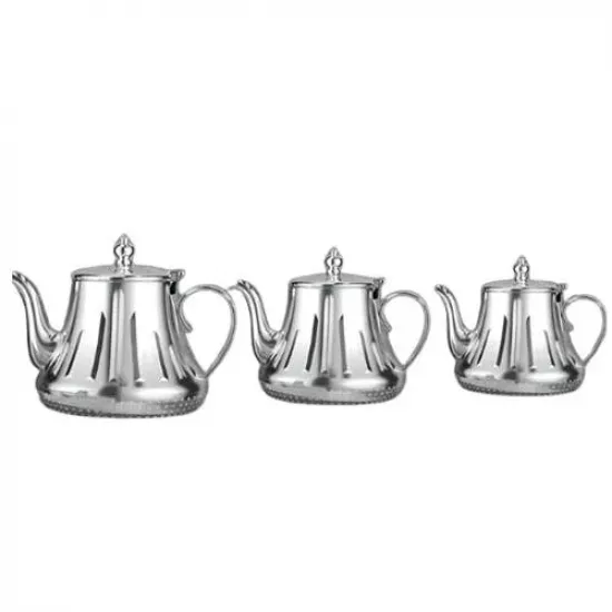 طقم اباريق شاهي أنيقة 3 حبات باللون الفضي يد جانبية طقم اباريق شاهي أنيقة 3 حبات باللون الفضي يد جانبية