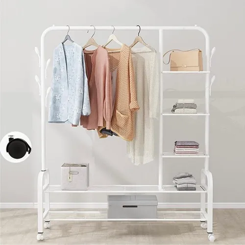منظم وحامل الملابس الأنيق ابيض متعدد الوظائف مع رفوف إضافية منظم وحامل الملابس الأنيق ابيض متعدد الوظائف مع رفوف إضافية