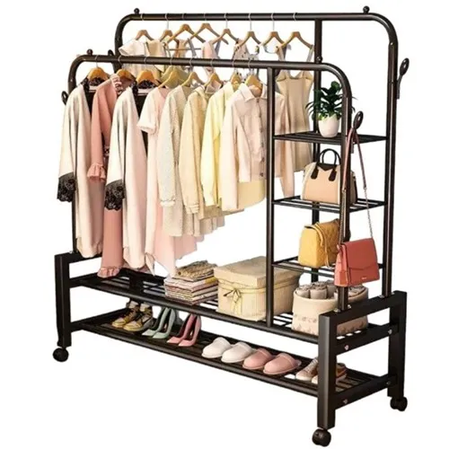منظم وعلاق الملابس الثنائي باللون الاسود مع رفوف إضافية للتنظيم منظم وعلاق الملابس الثنائي باللون الاسود مع رفوف إضافية للتنظيم