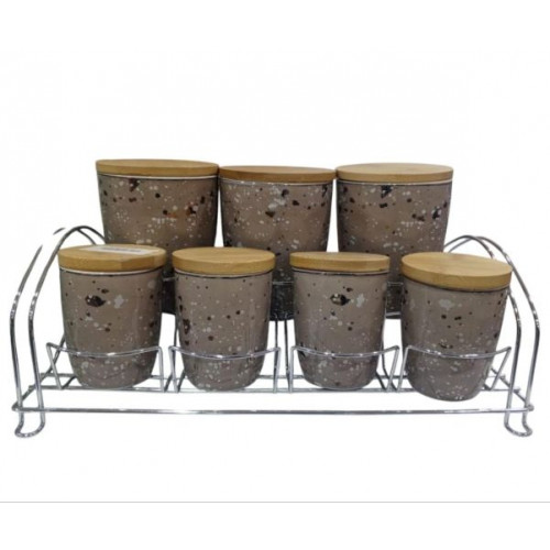 طقم علب بهارات سيراميك بغطاء خشب مع ستاند معدني أنيق – 7 قطع