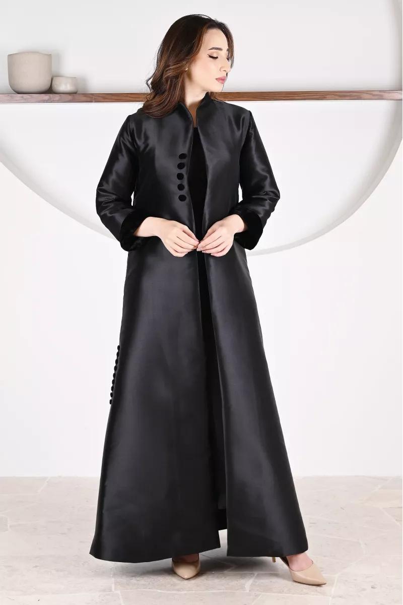 عباية 01046 فستان من الحرير التفتا الأسود العميق