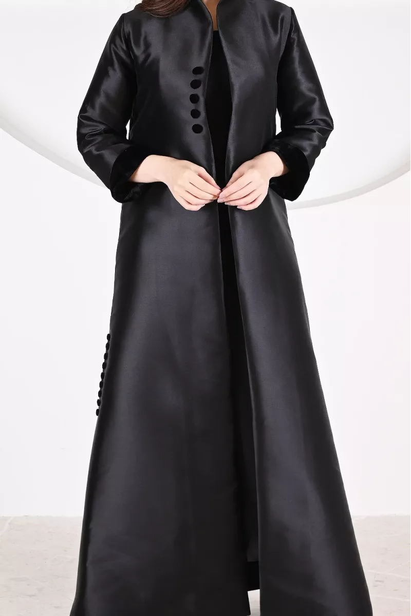 عباية 01046 فستان من الحرير التفتا الأسود العميق