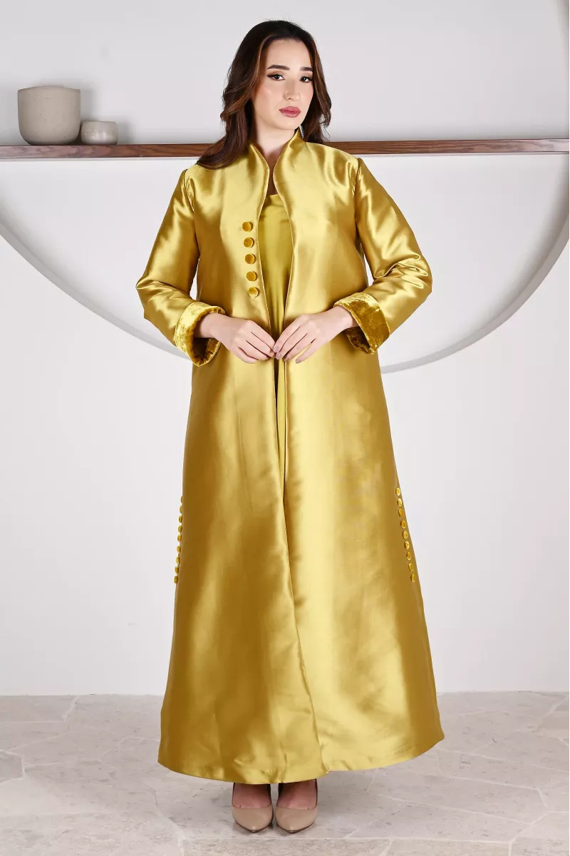 عباية 01047 قماش حريري من التفتا باللون الأصفر الخردلي