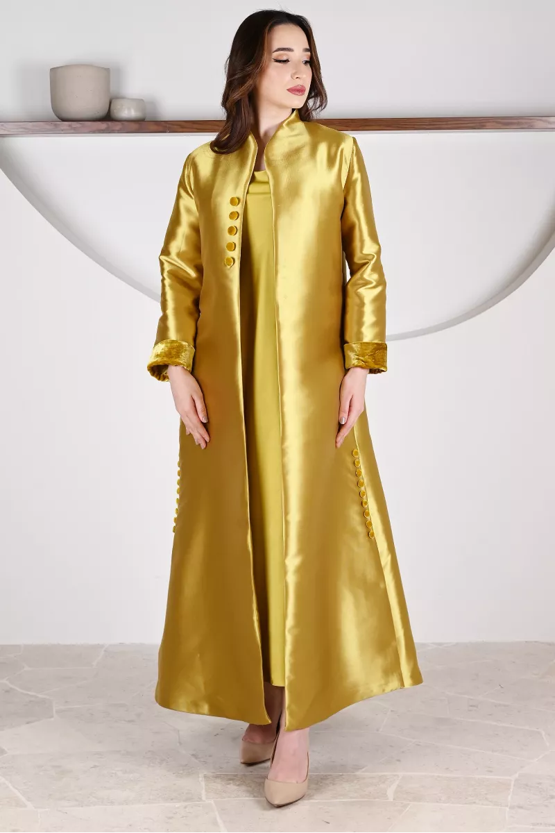 عباية 01047 قماش حريري من التفتا باللون الأصفر الخردلي