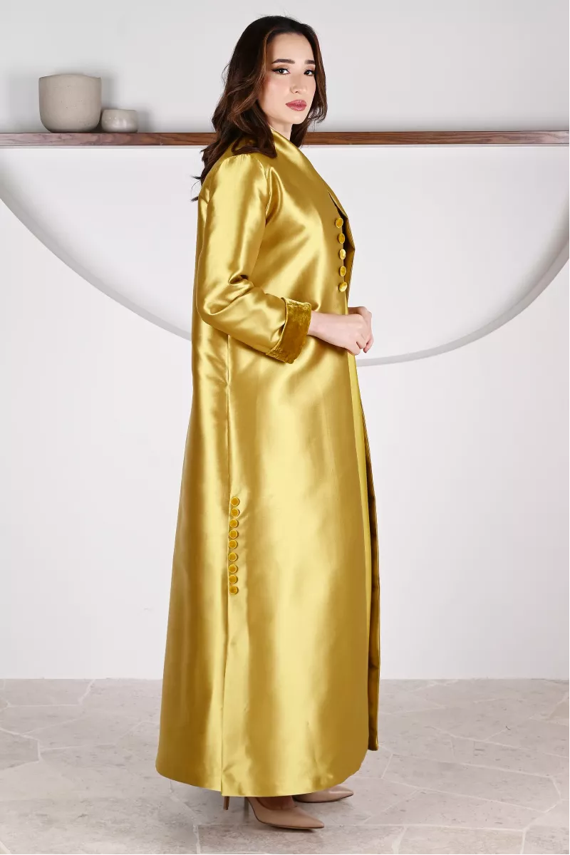 عباية 01047 قماش حريري من التفتا باللون الأصفر الخردلي