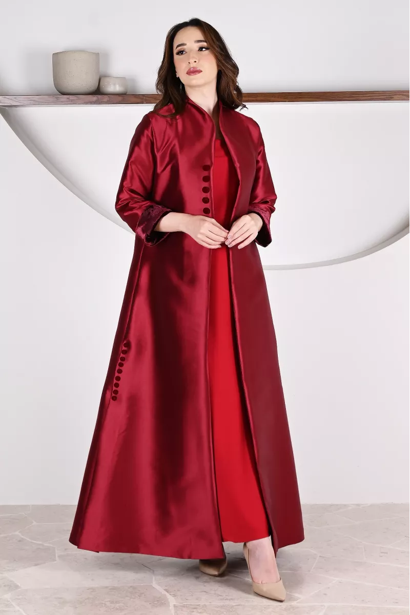 عباية 01057 فستان من الحرير التفتا باللون العنابي