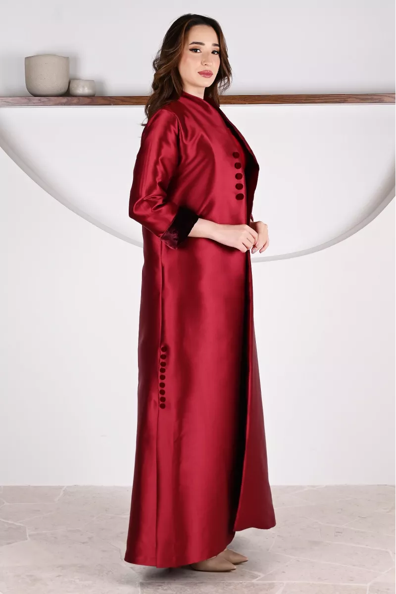 عباية 01057 فستان من الحرير التفتا باللون العنابي