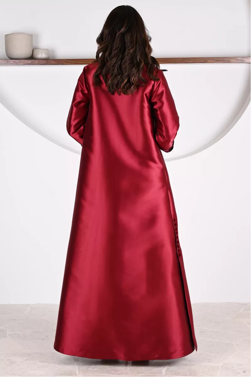 عباية 01057 فستان من الحرير التفتا باللون العنابي