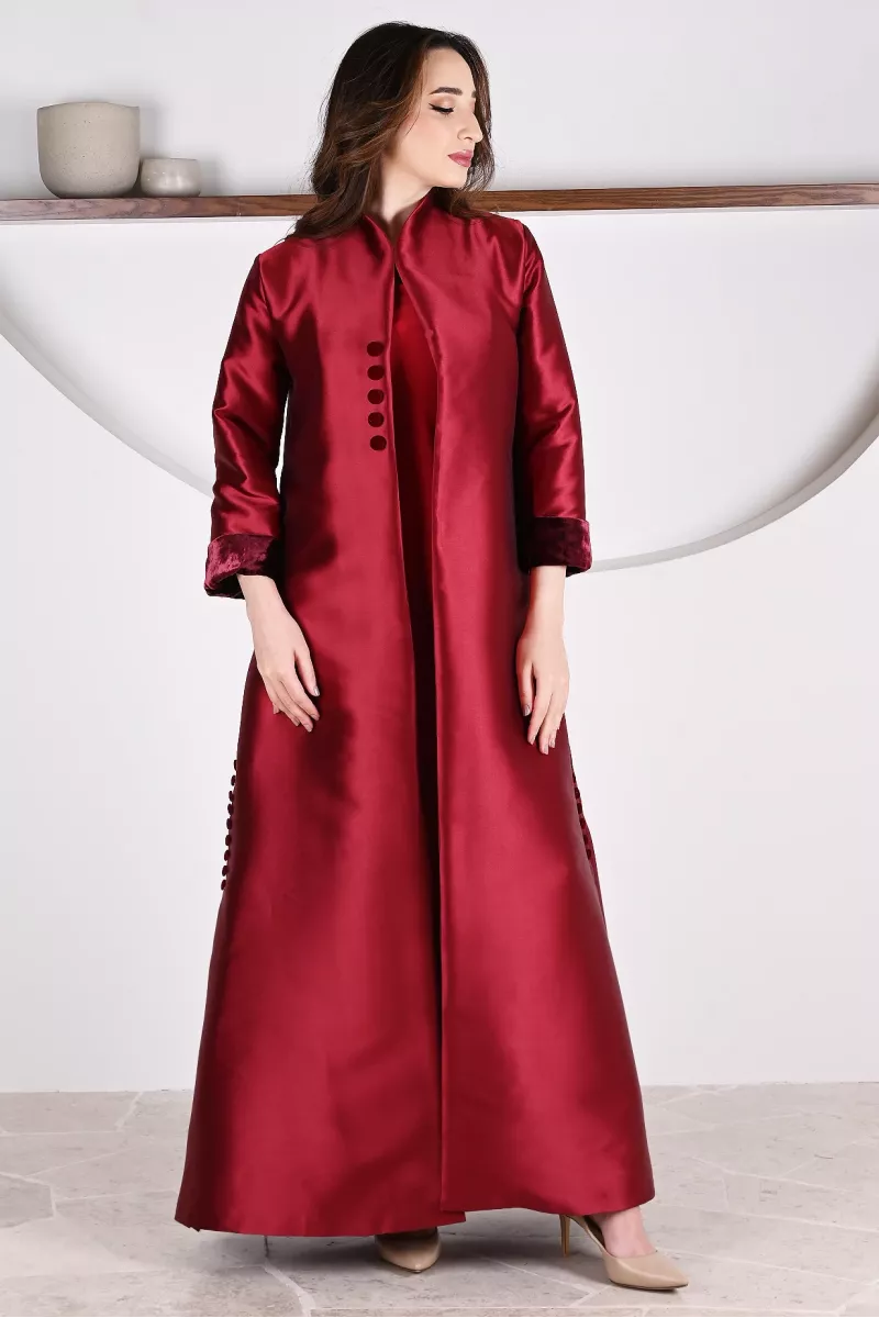 عباية 01057 فستان من الحرير التفتا باللون العنابي