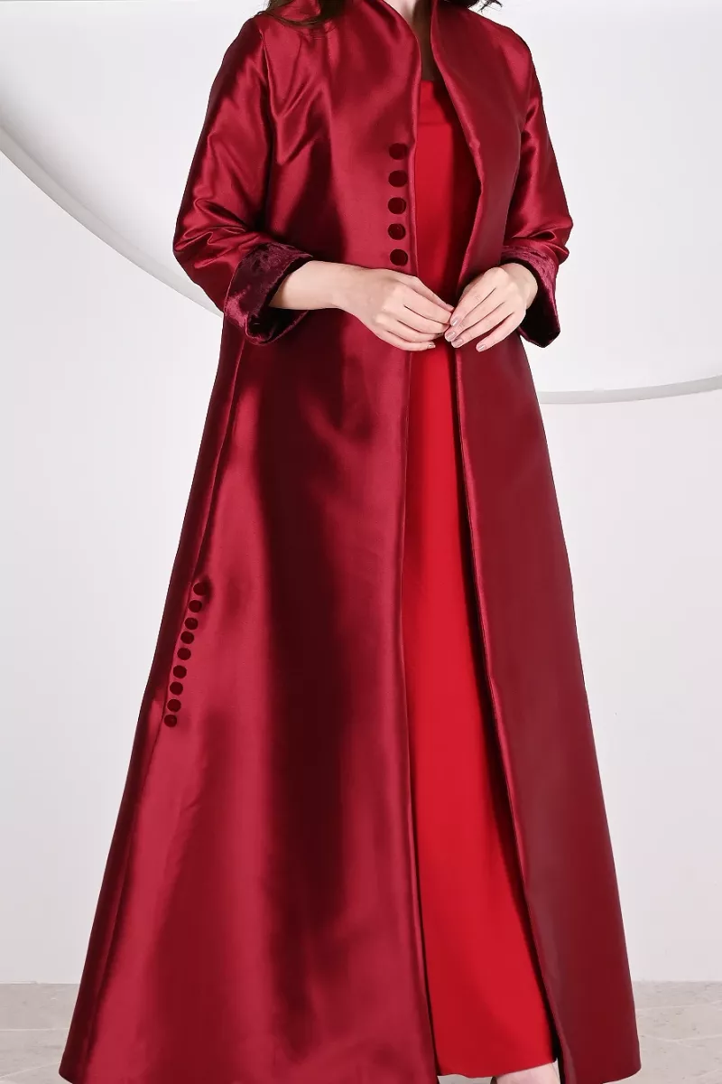 عباية 01057 فستان من الحرير التفتا باللون العنابي