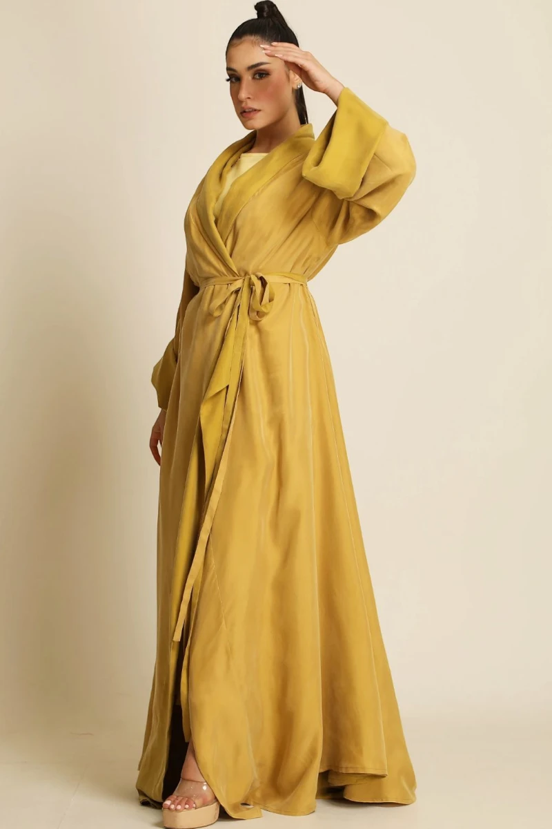 Heavy double faced silk matt yellow Abaya 084