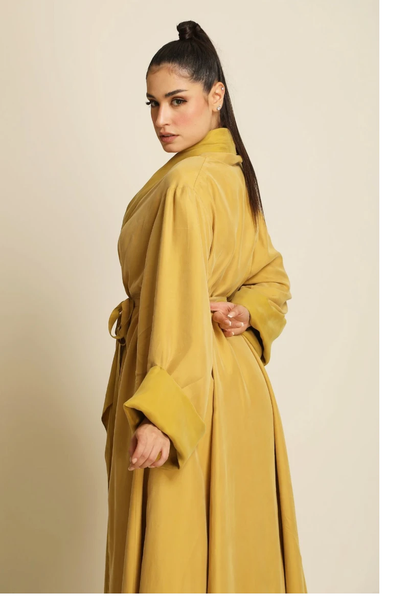 Heavy double faced silk matt yellow Abaya 084