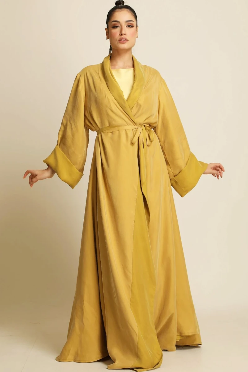 Heavy double faced silk matt yellow Abaya 084
