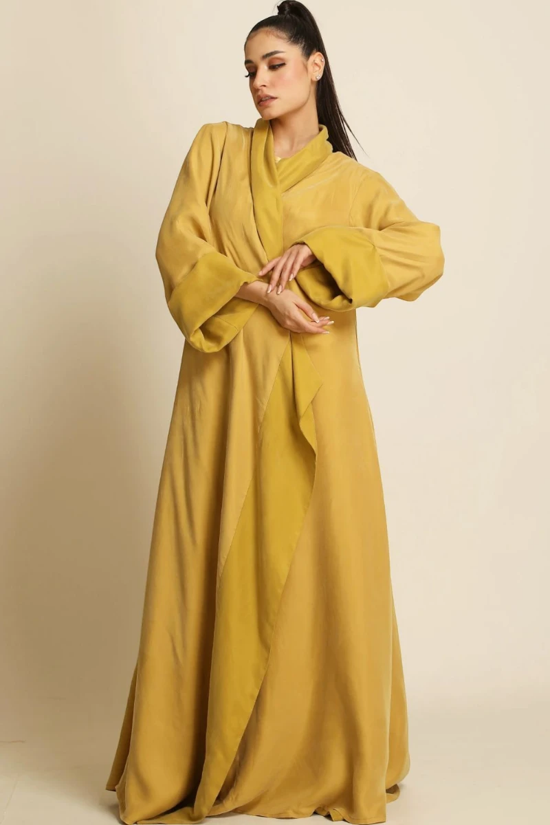 Heavy double faced silk matt yellow Abaya 084