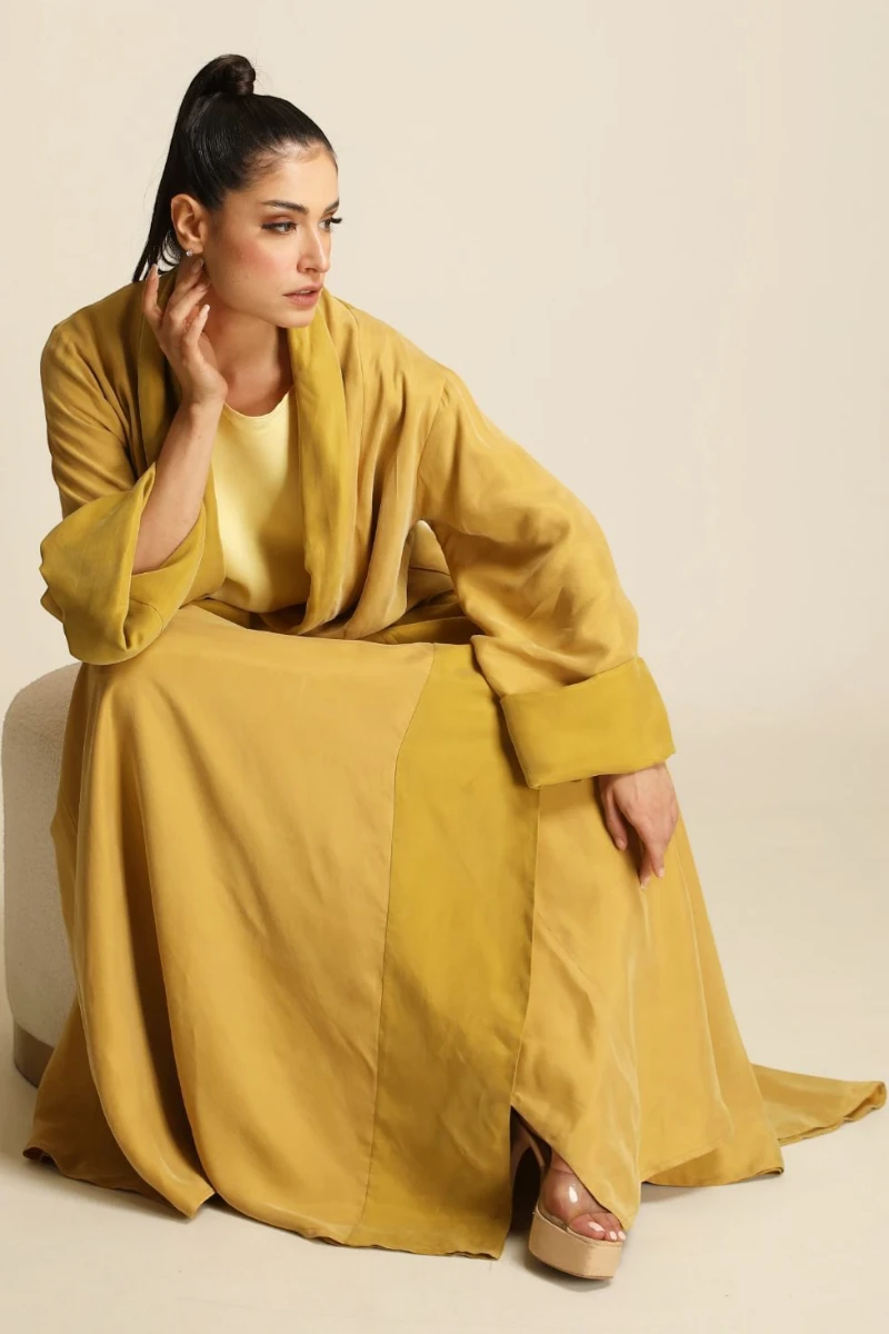 Heavy double faced silk matt yellow Abaya 084