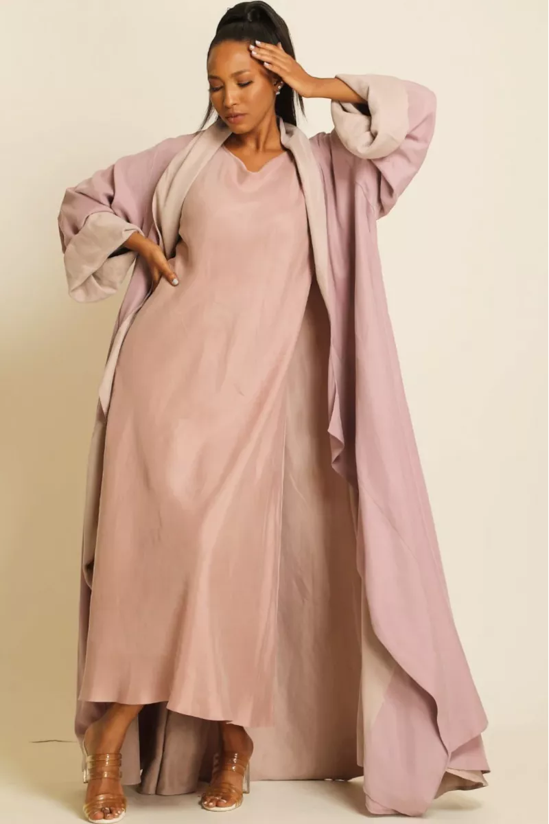 عباية دبل فيس بلون زهري مطفي 076