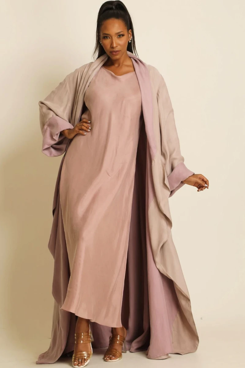 عباية دبل فيس بلون زهري مطفي 076