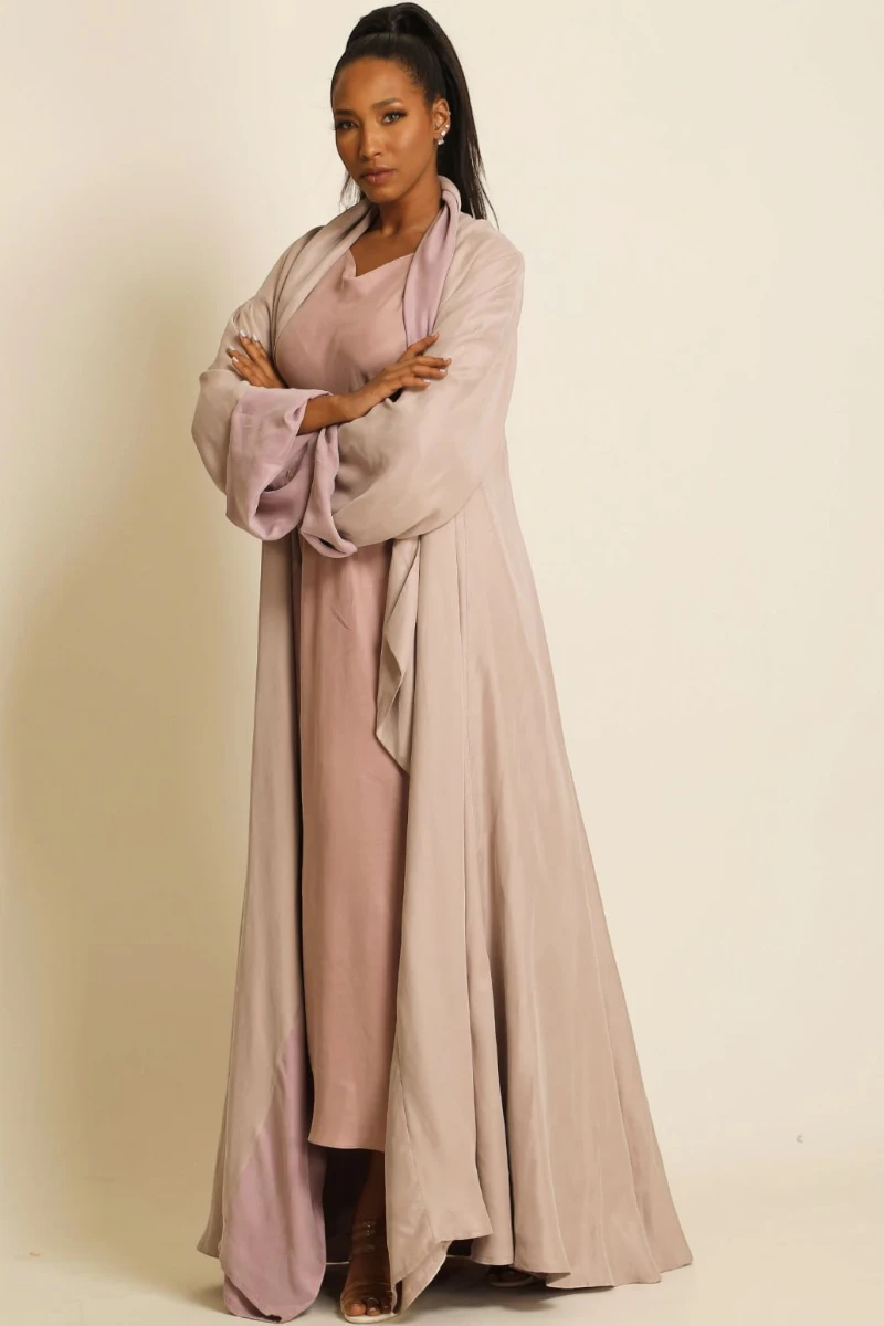 عباية دبل فيس بلون زهري مطفي 076