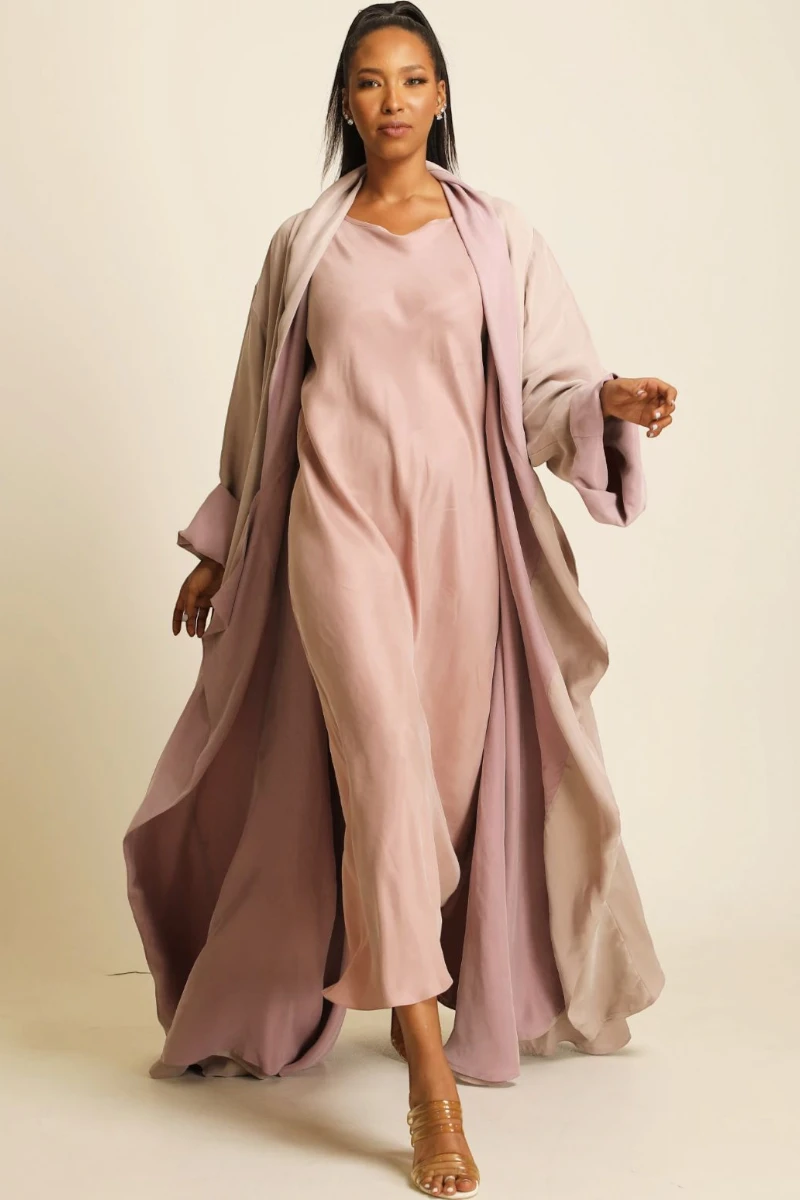 عباية دبل فيس بلون زهري مطفي 076