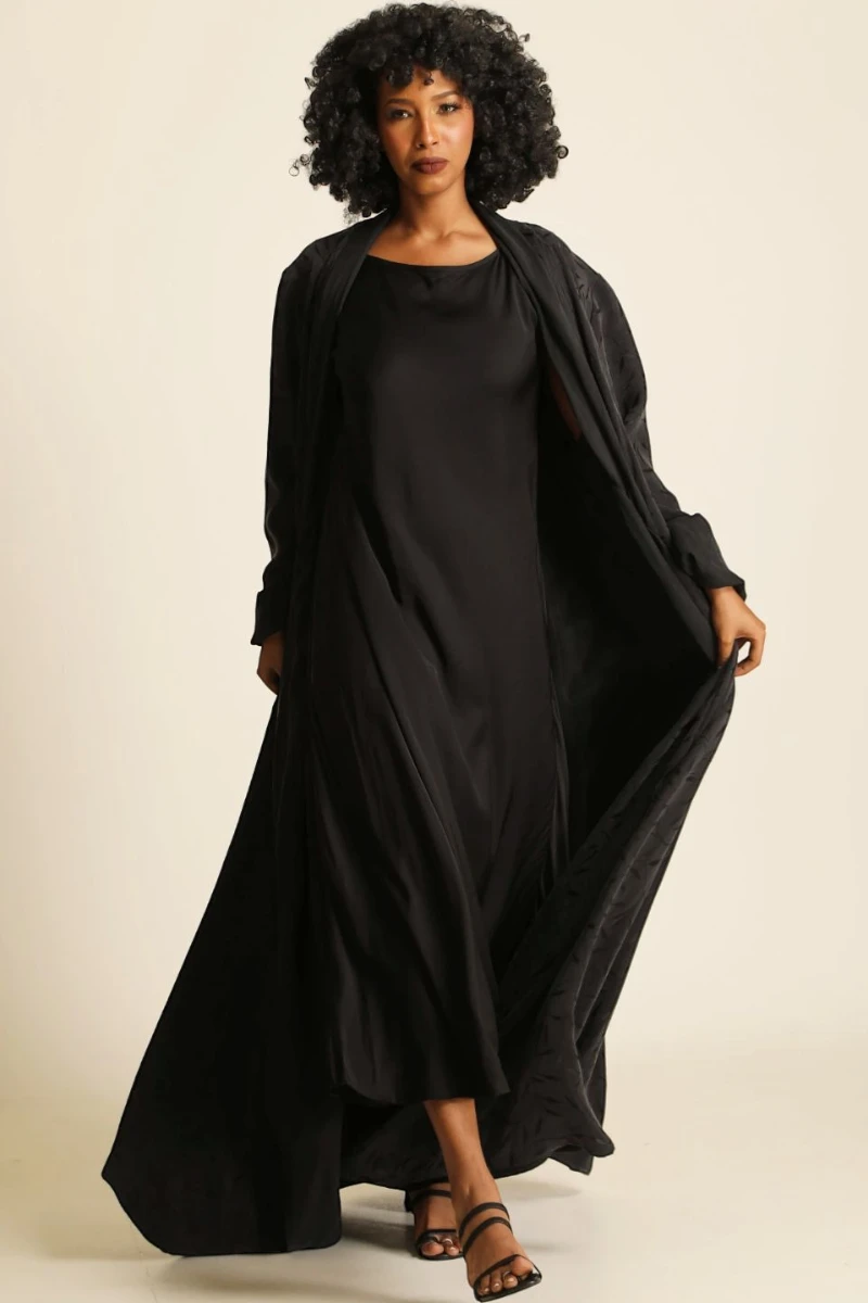 Heavy double faced silk matt black Abaya 085