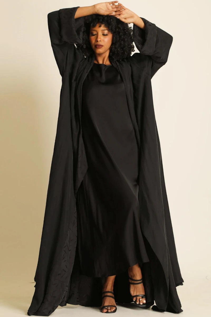 Heavy double faced silk matt black Abaya 085