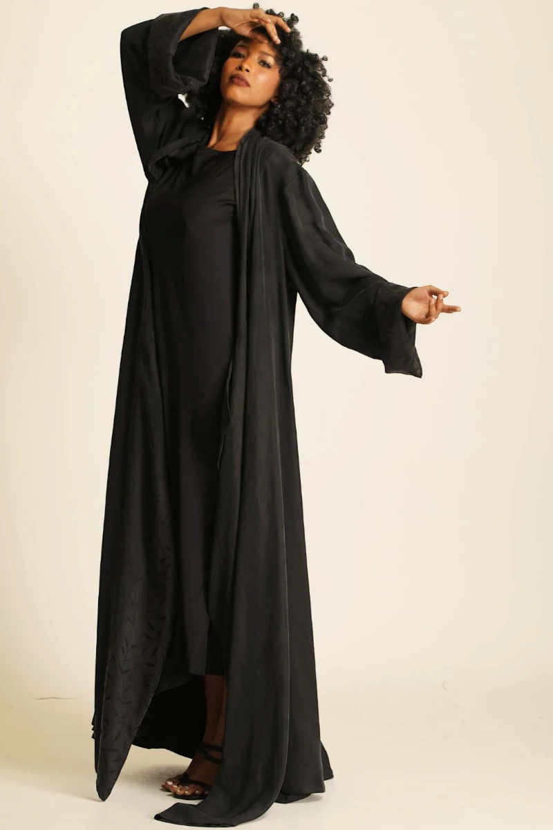 Heavy double faced silk matt black Abaya 085