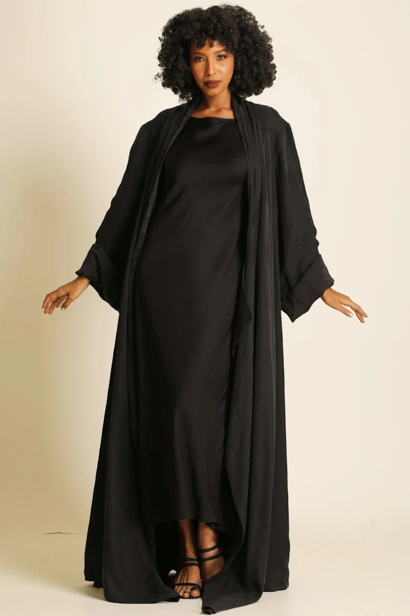 Heavy double faced silk matt black Abaya 085